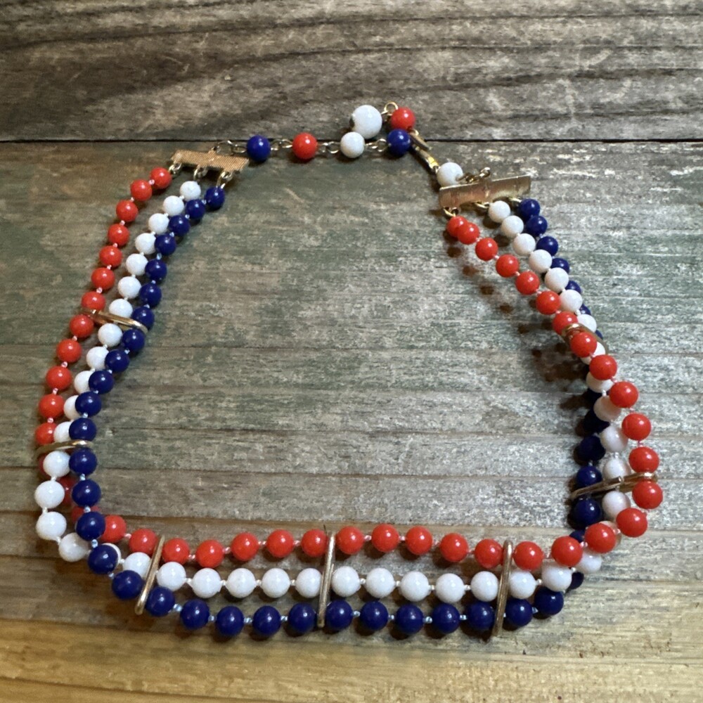 Vintage Retro JAPAN Triple Beaded Layer Choker necklace red White Blue 14 “